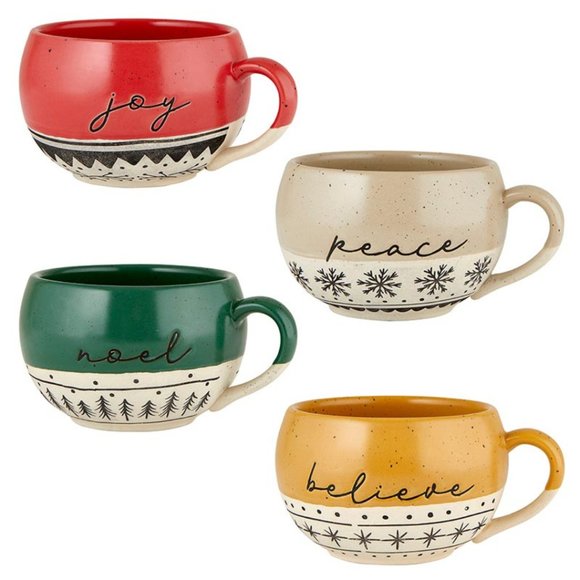 NWT / Rustic Stoneware Holiday Mug Set (4), 16oz. - Picture 3 of 9